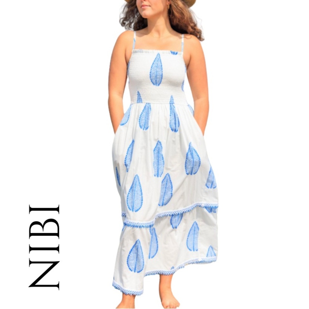 Nibi White Maxi Dress with Red Leaf Embroidery